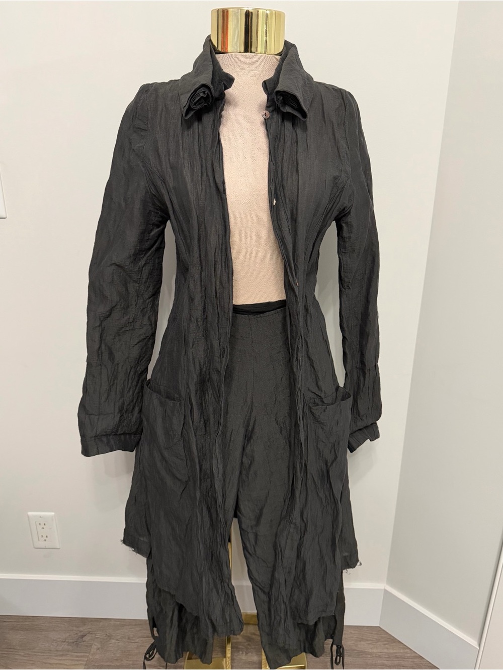 Sarah Pacini Black Textured Long Coat and Pants Set